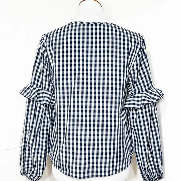 Splendid Navy Gingham Check Ruffled Tie Neck Navy White Long Sleeve Peasant Top - Picture 6 of 10